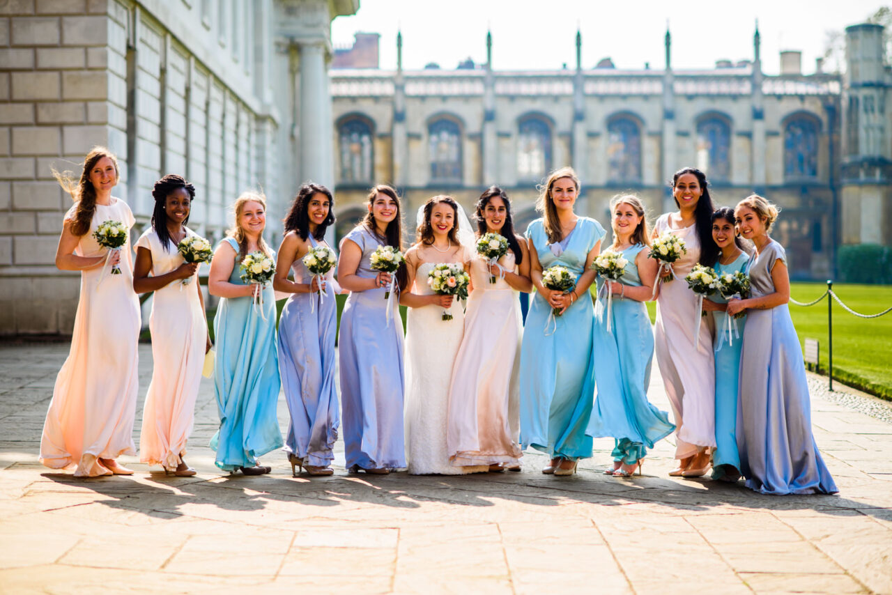 Cambridge wedding videography - bridesmaids at King's College.