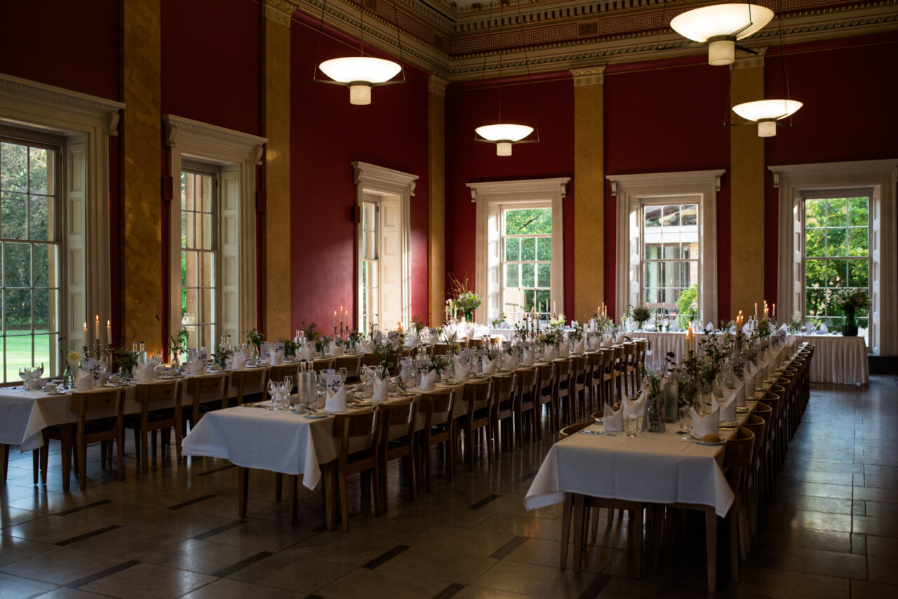 Inside Downing College - the tables are ready for the wedding breakfast.