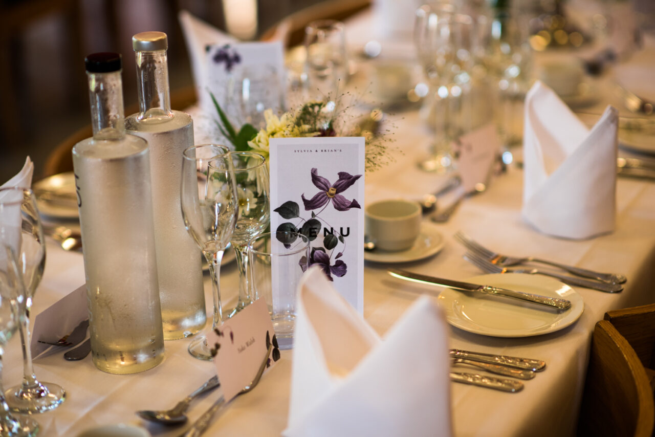 The table ready for the wedding breakfast in the big hall at Downing.