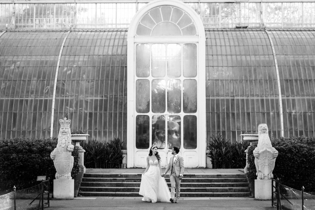 Kew Gardens Wedding Photographer - Bride and groom outside the Temperate House