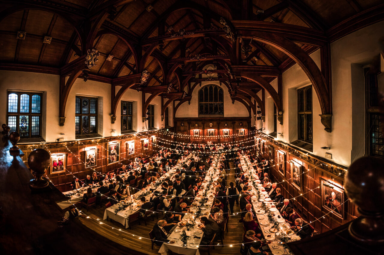 A wedding reception in the hall at Gonville and Caius college.