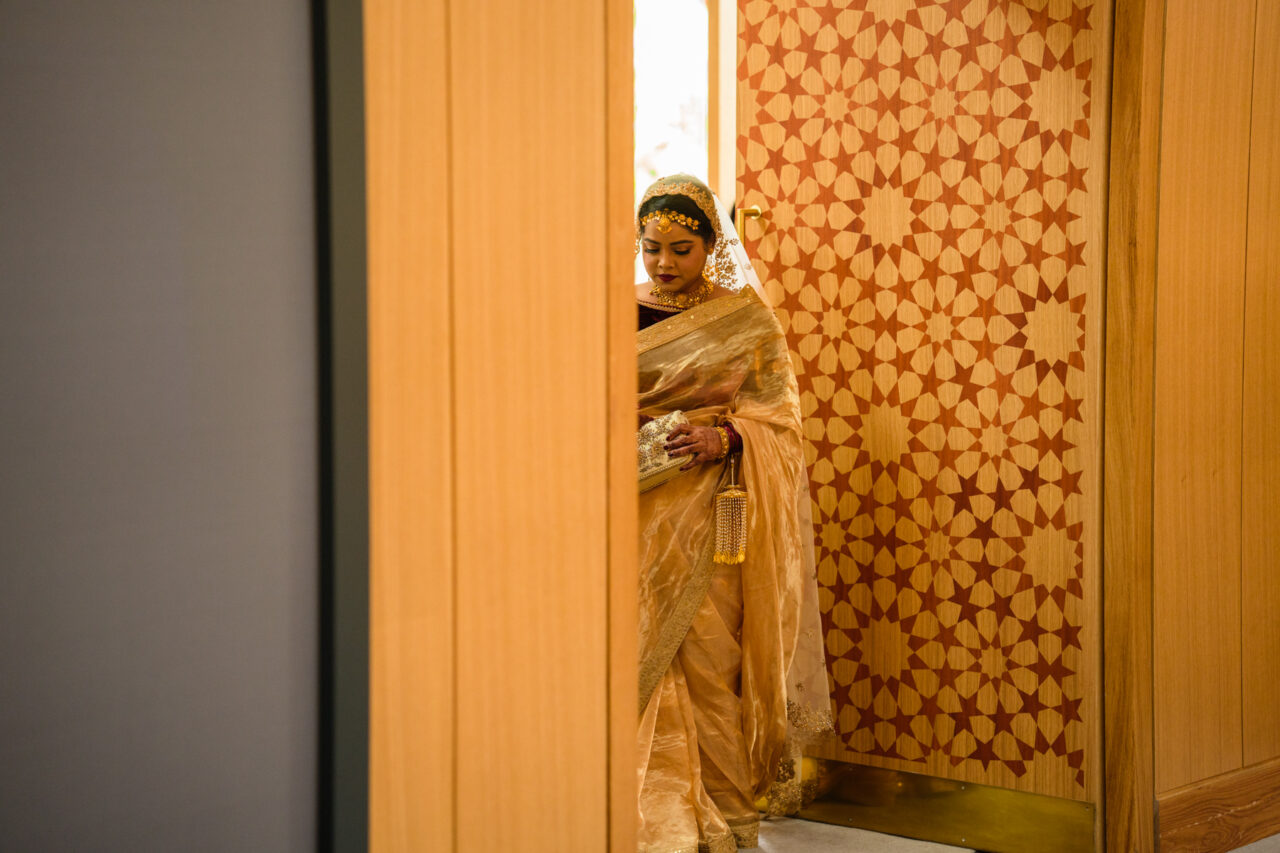 The bride arrives at the Nikah at Cambridge Central Mosque.