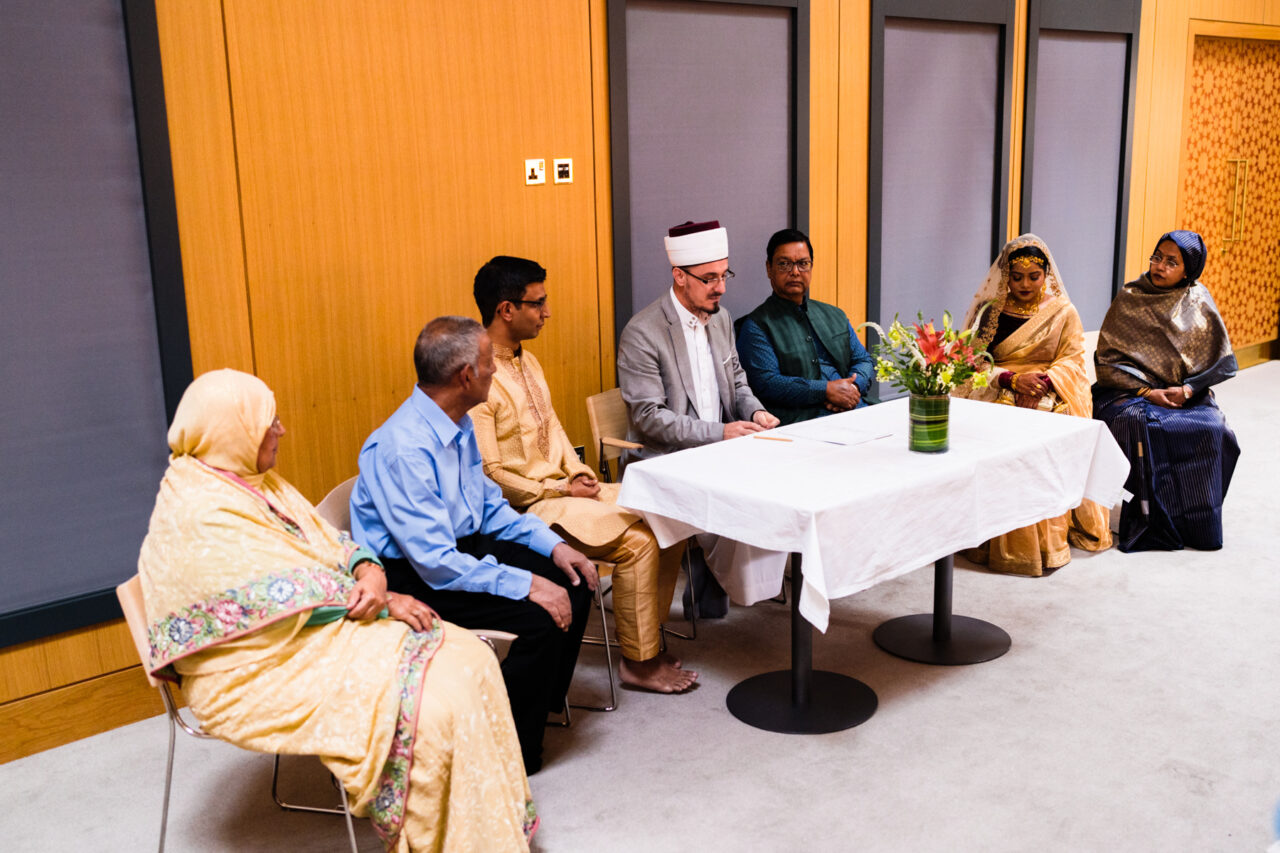 Family at a Nikah at Cambridge Central Mosque.
