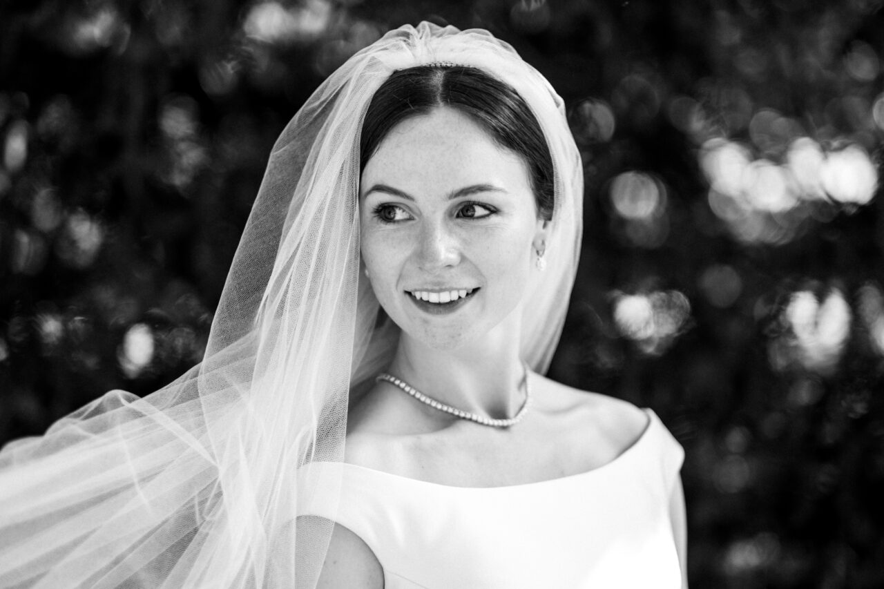 Black and white wedding photograph of a bride.