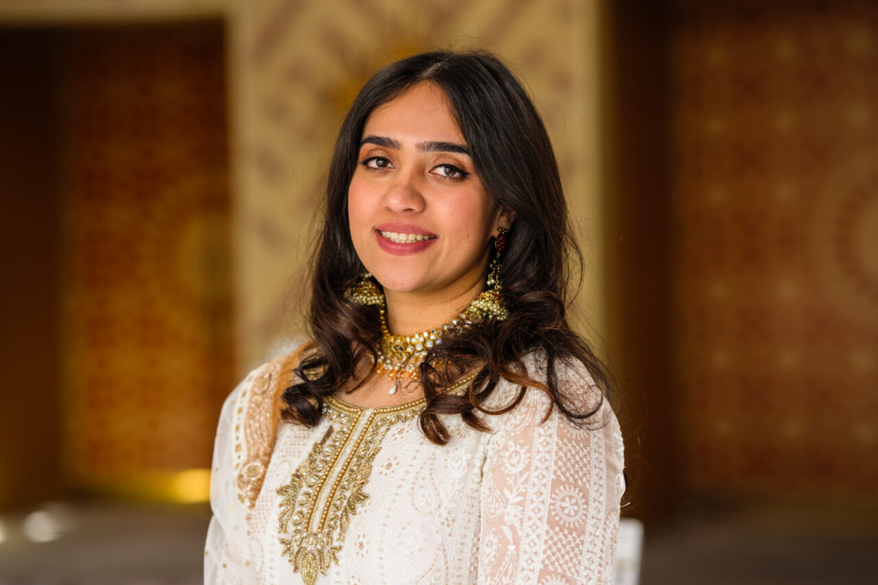 Bride in the foyer of Cambridge Central Mosque.