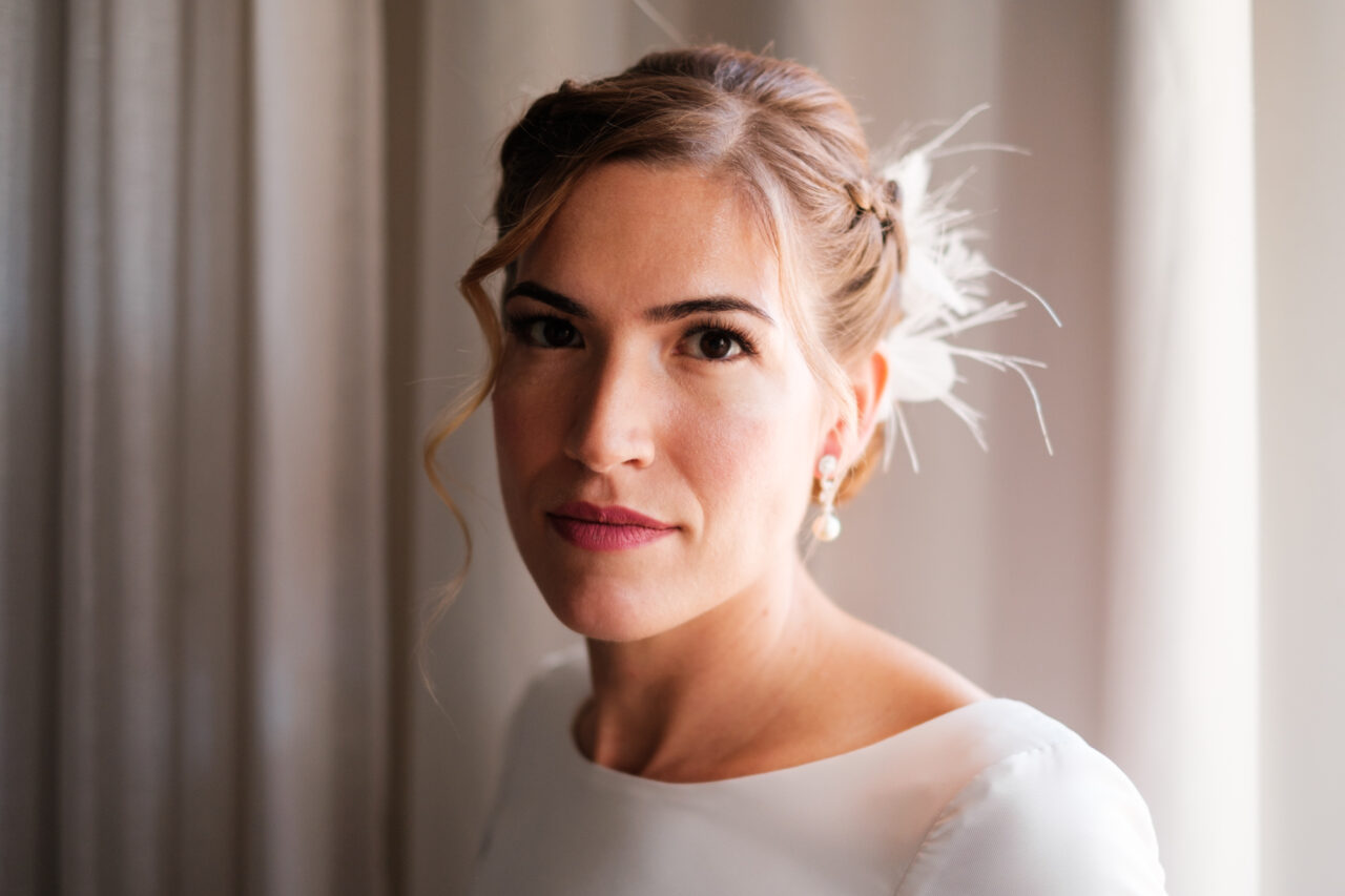 Bride on her wedding day in Cambridge.
