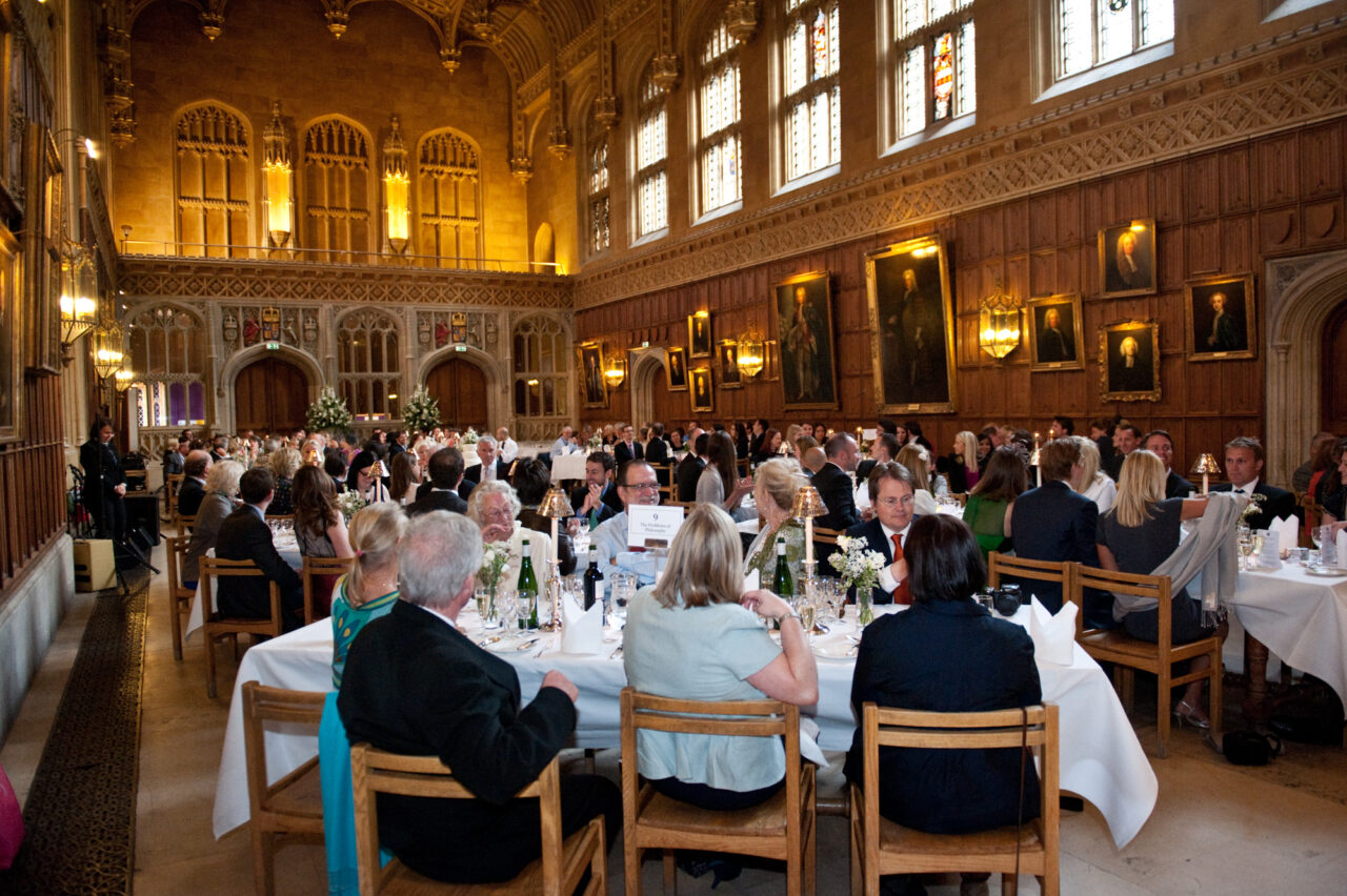 King's College Hall full of people for a wedding breakast.