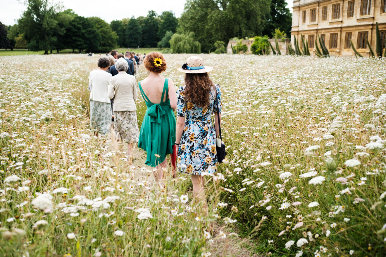 Wedding guests walking through the field of wild flowers in the grounds of King's College.