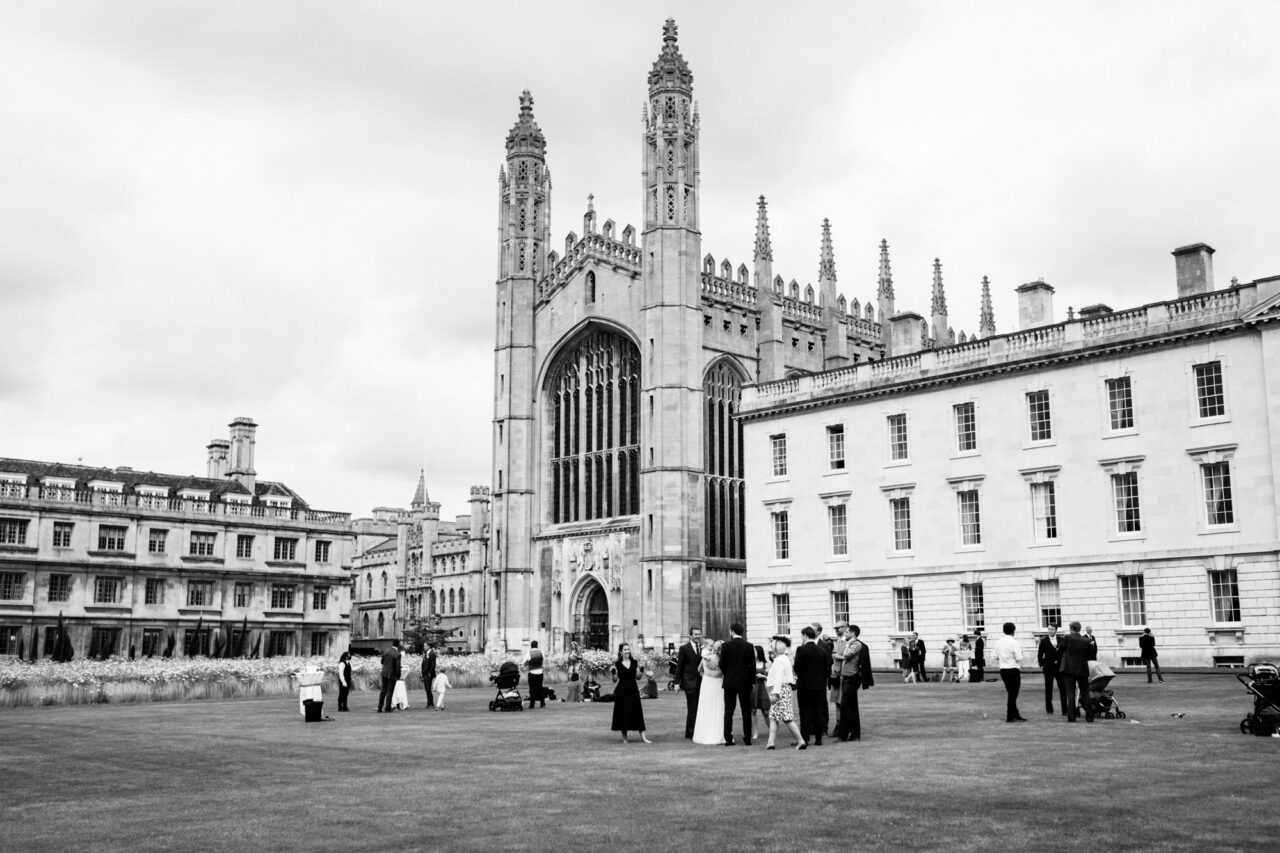 A wedding reception on the lawn of King's College.