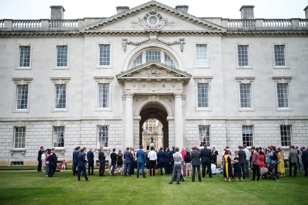 Wedding speeches are given outside at King's College in Cambridge.