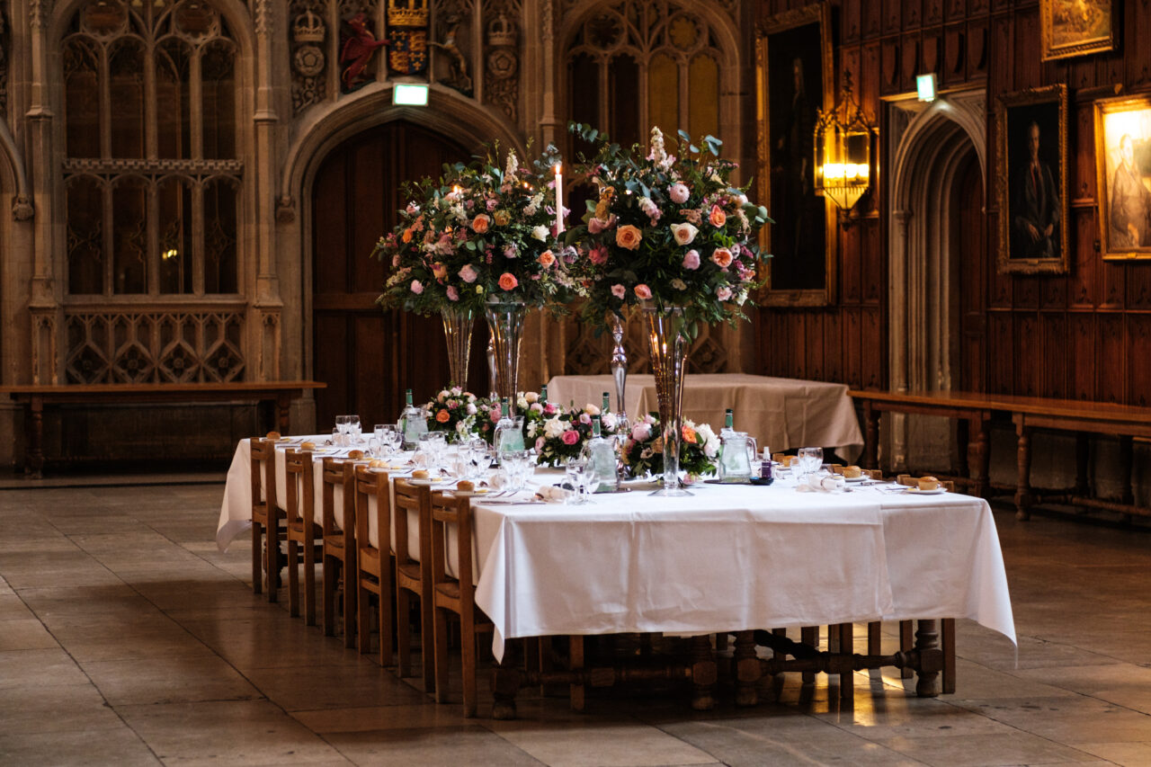 King's College wedding - a table laid for the wedding breakfast.