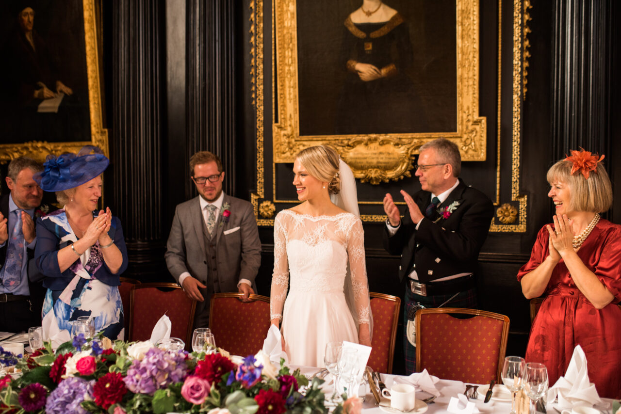 Wedding reception photo at Queens' College in Cambridge.