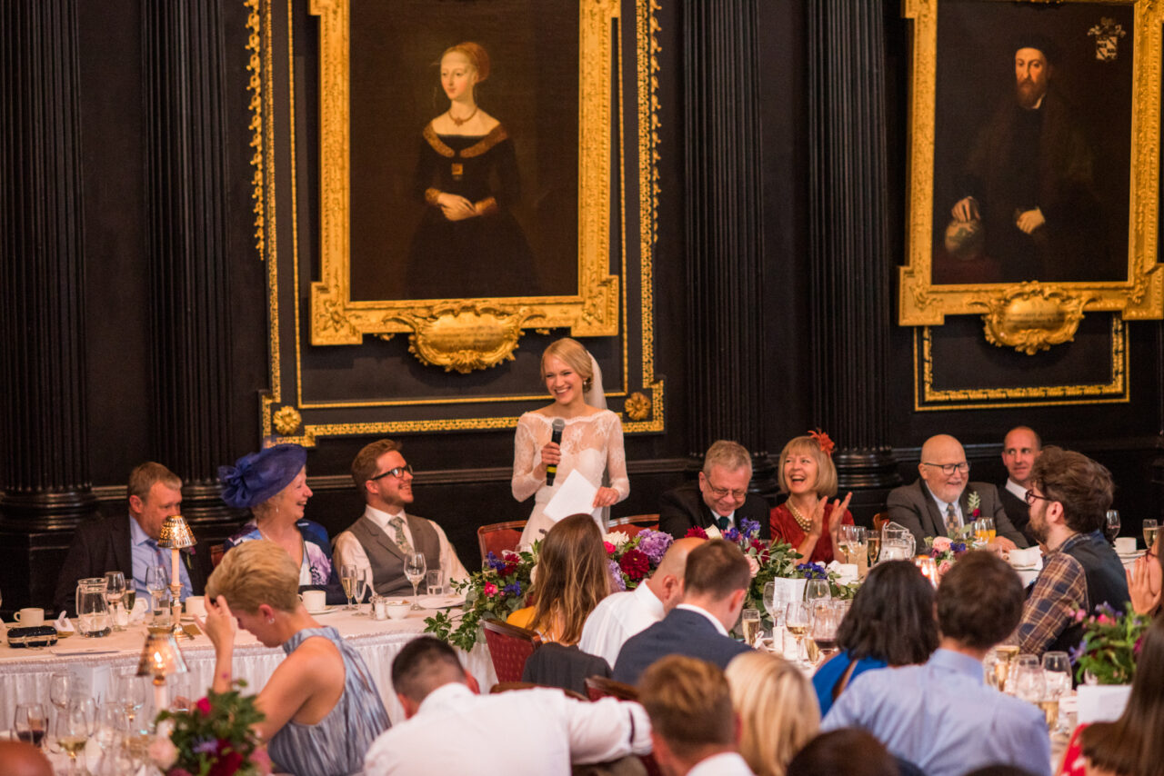 Wedding reception photo at Queens' College in Cambridge.