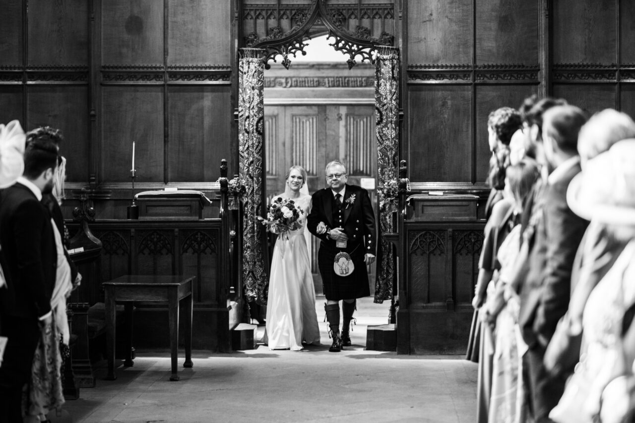 Wedding ceremony in Queens' College Chapel in Cambridge.