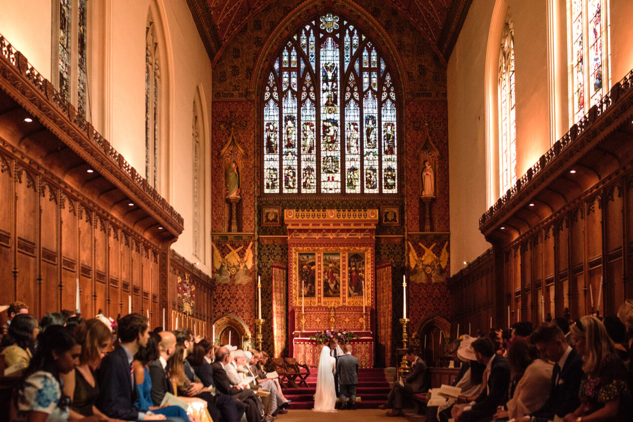 Wedding ceremony in Queens' College Chapel in Cambridge.