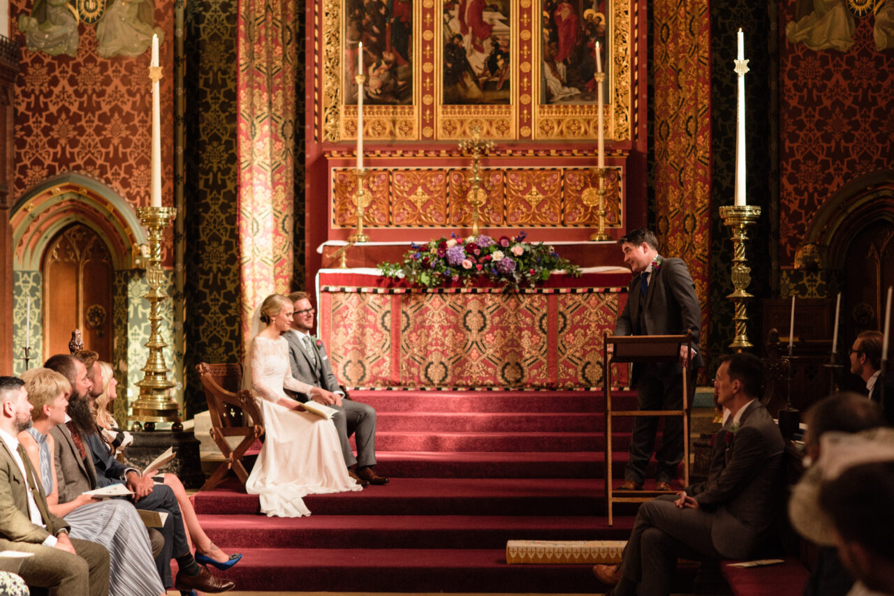 Wedding ceremony in Queens' College Chapel in Cambridge.