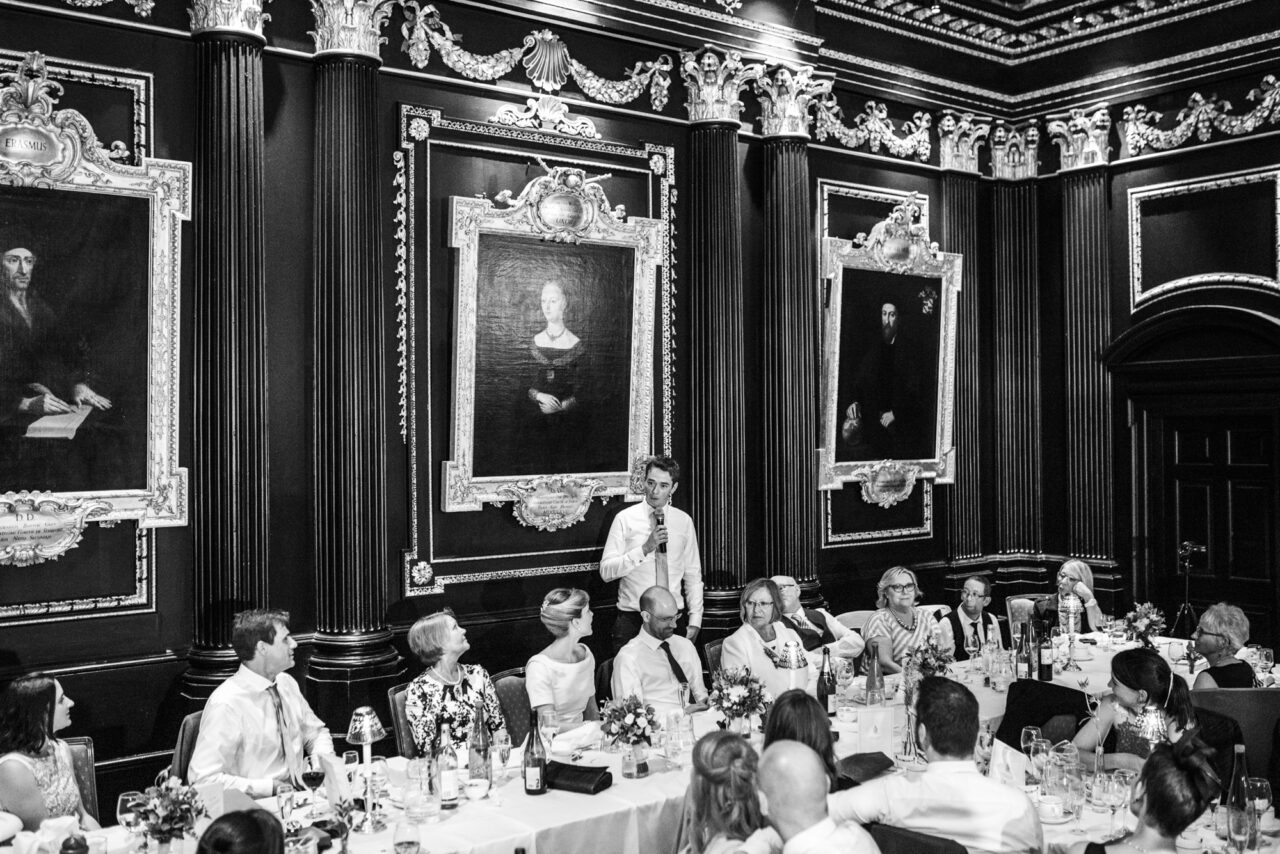 Wedding reception photo at Queens' College in Cambridge.