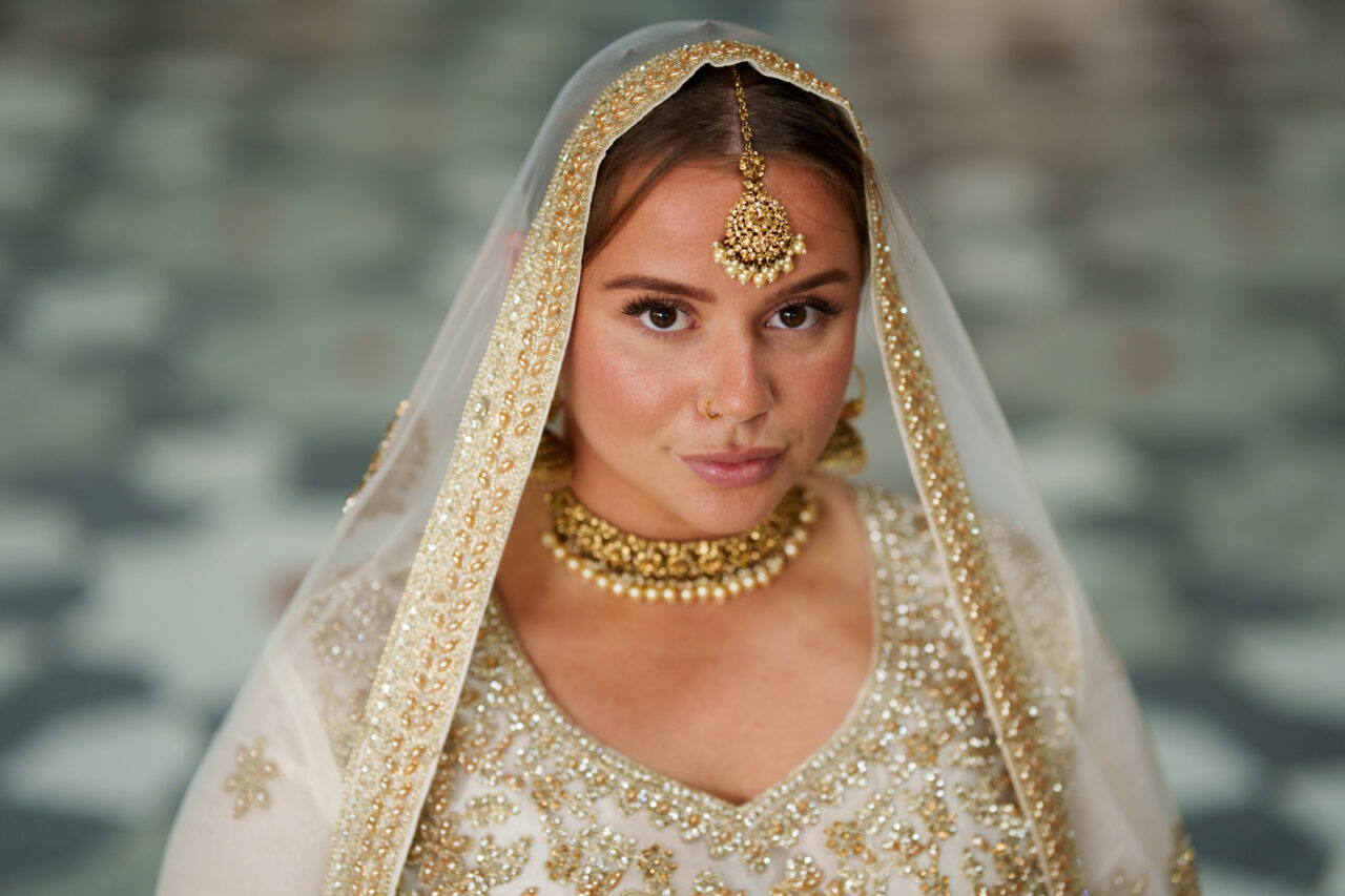 Bride at muslim nikah ceremony in Cambridge Central Mosque.