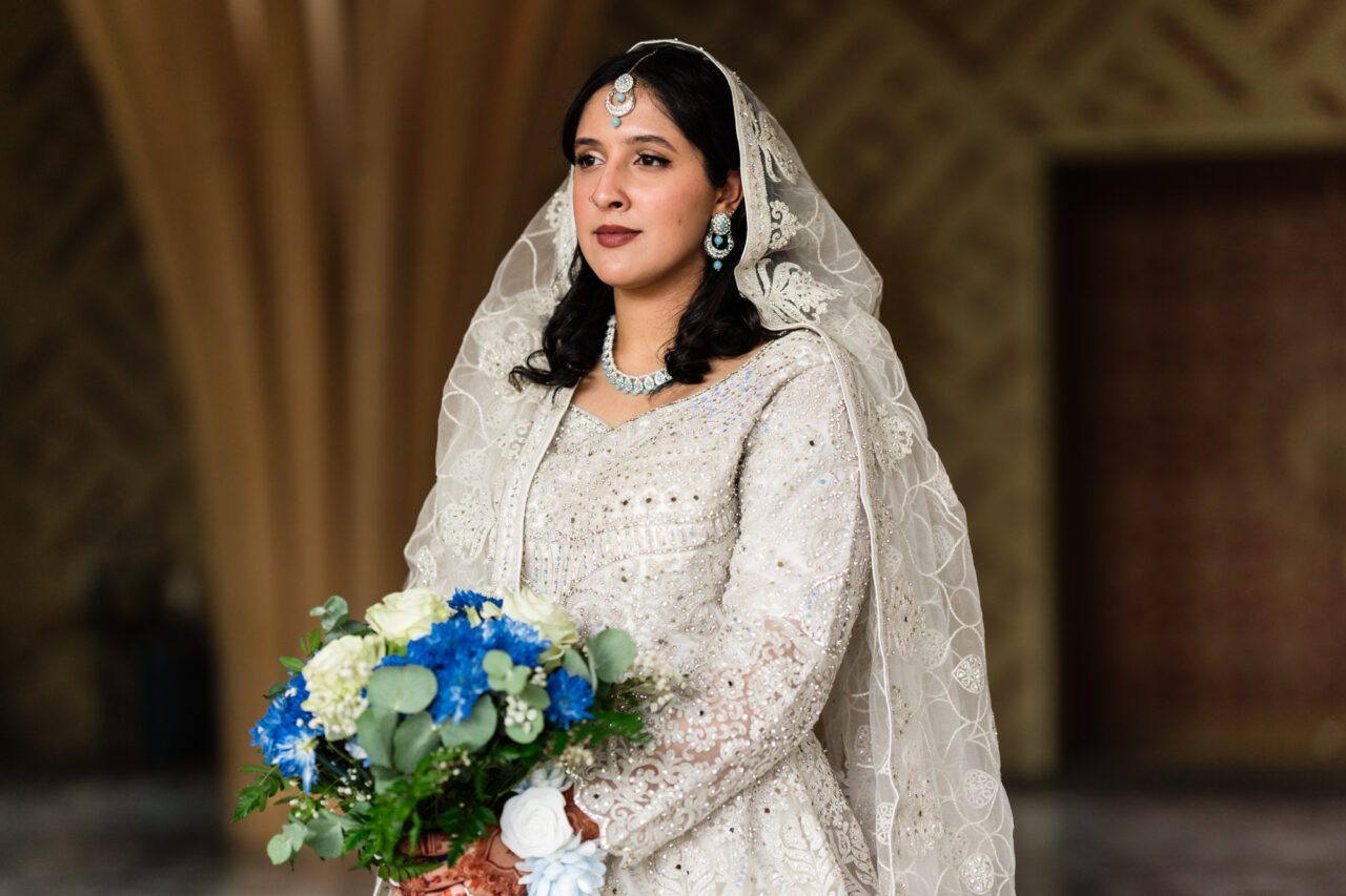 Portrait of a bride at nikah ceremony in Cambridge Central Mosque.