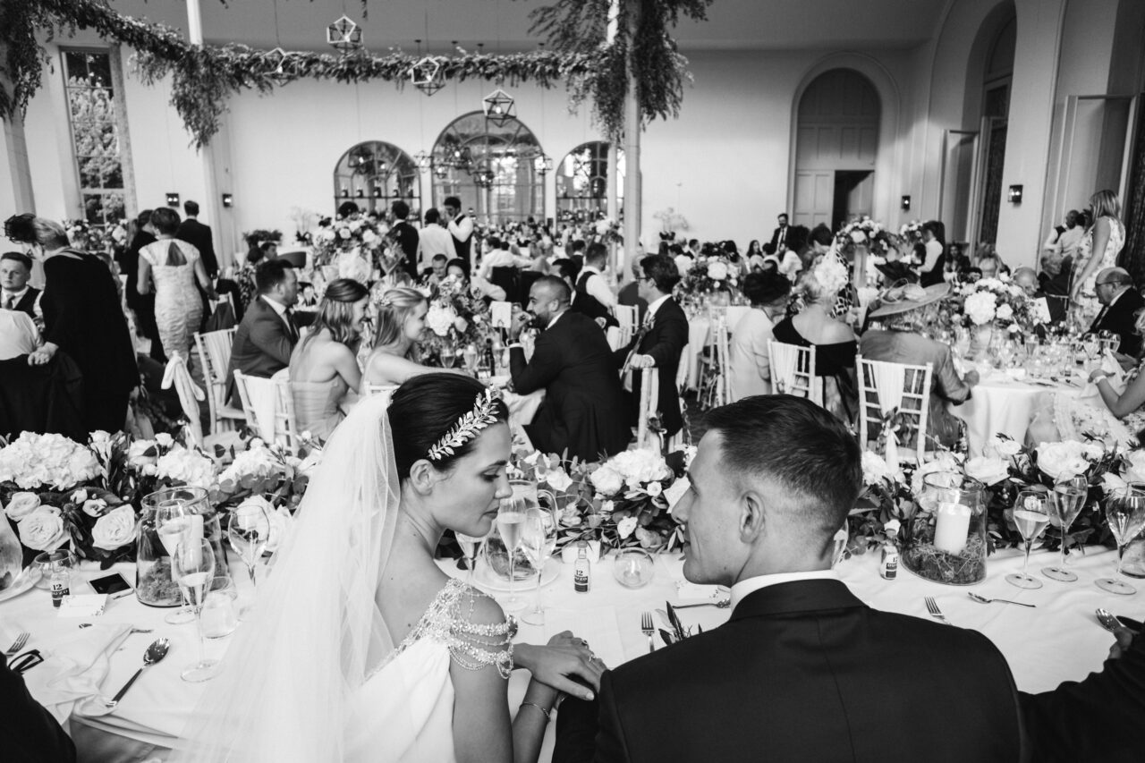 Bride and groom at their wedding in Wynyard Hall in the North East of England.