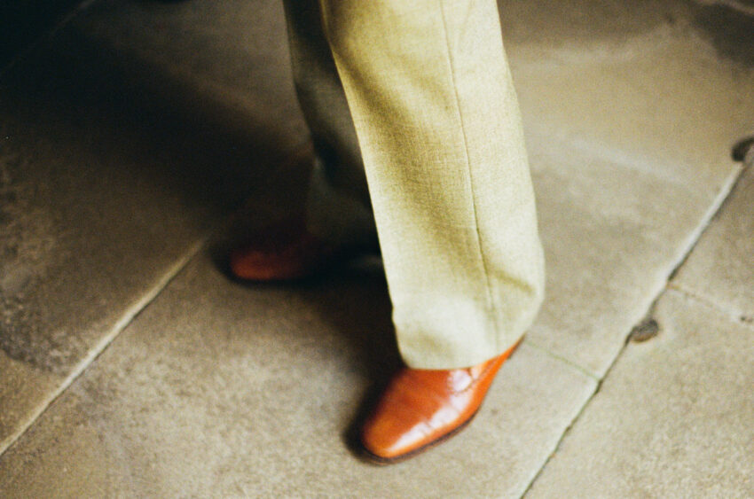 Details of groom's trousers at Jesus College in Cambridge. Photo taken on colour 35mm film.