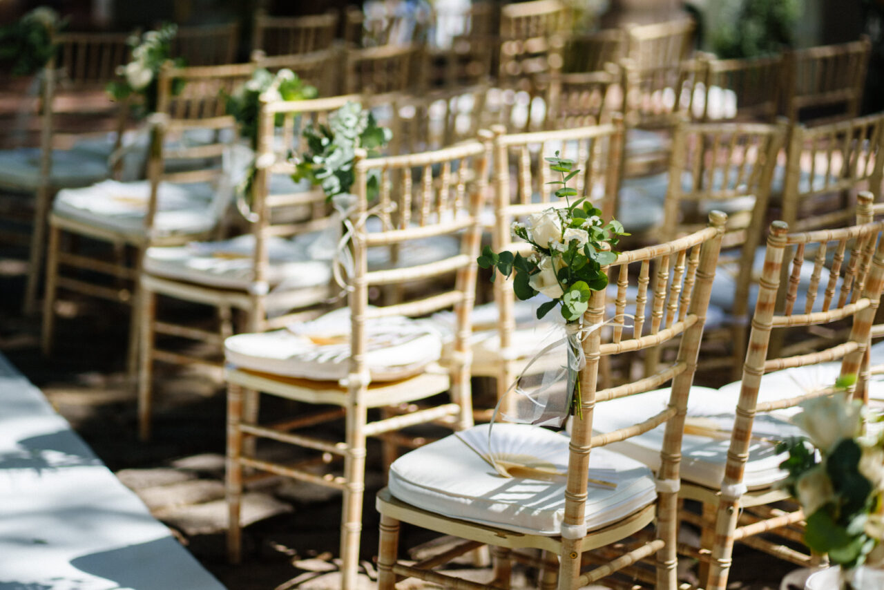Chairs decorated at a Marbella wedding.