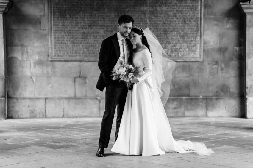 Elegant black and white wedding portrait of a couple, photographed in Lincolnshire by a documentary wedding photographer.