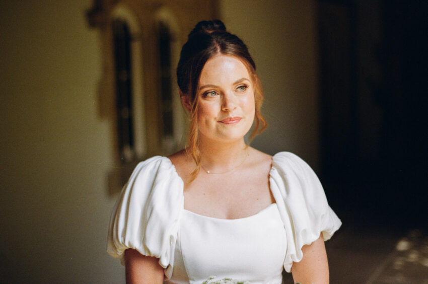Natural portrait of a bride photographed on film at Jesus College, Cambridge