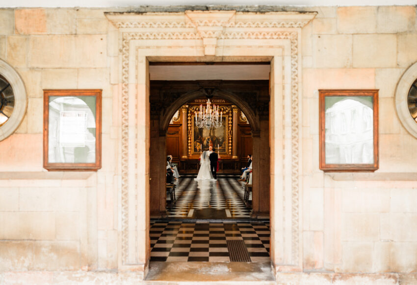 View through the doorway just outside the chapel at Emmanuel College, Cambridge