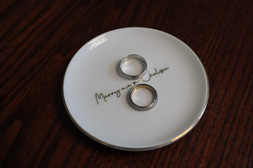 Wedding rings on a dish during a Chelsea Old Town Hall ceremony.