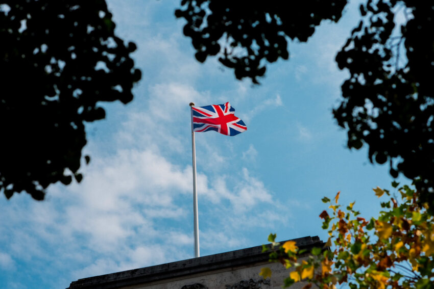 Union flag flying above Islington Town Hall on a wedding day.