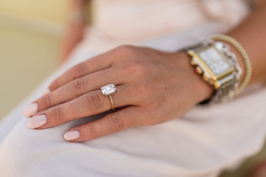 Close-up of an engagement ring on the bride’s hand.