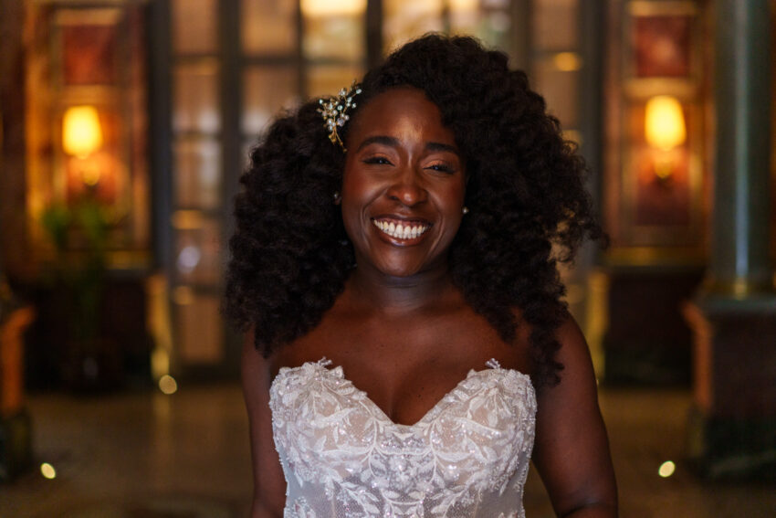 Bride portrait during evening wedding reception.