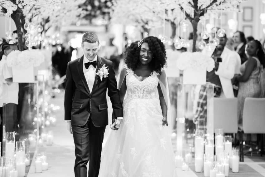 Black and white portrait of the bride and groom after the ceremony.
