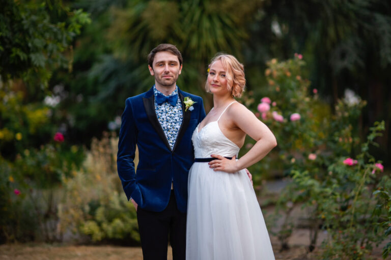 Bride and groom portrait in a garden setting, relaxed wedding photoshoot in London