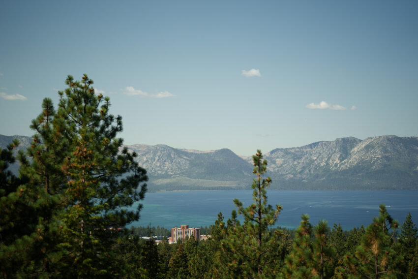 View across Lake Tahoe and the Sierra Nevada mountains from South Lake Tahoe.