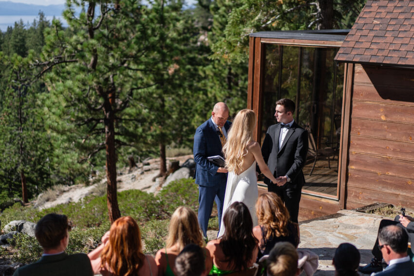 Outdoor wedding ceremony beginning at Tahoe Mountain Home in South Lake Tahoe.