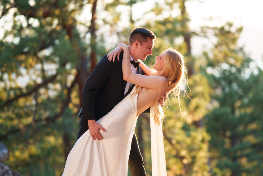 Bride and groom sharing a kiss during golden hour portraits in South Lake Tahoe.