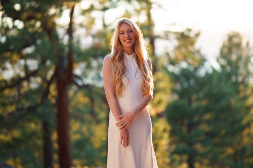 Portrait of the bride during golden hour at Tahoe Mountain Home near Lake Tahoe.