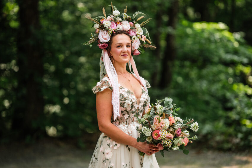 Bride portrait in a floral wedding dress during a Trillium Resort & Spa wedding.