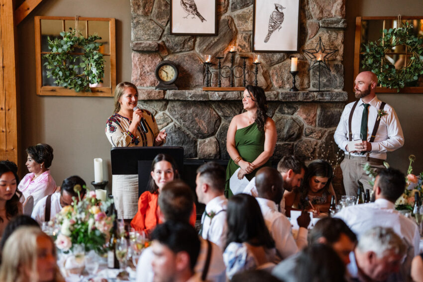 Wedding speeches taking place during the reception at Trillium Resort & Spa in Ontario.